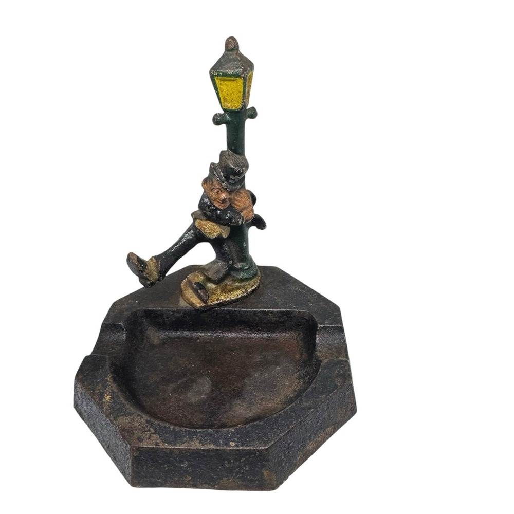 1930's Cast‎ Iron Ash Tray DRUNK HANGING ON LAMP POST Original John Wright